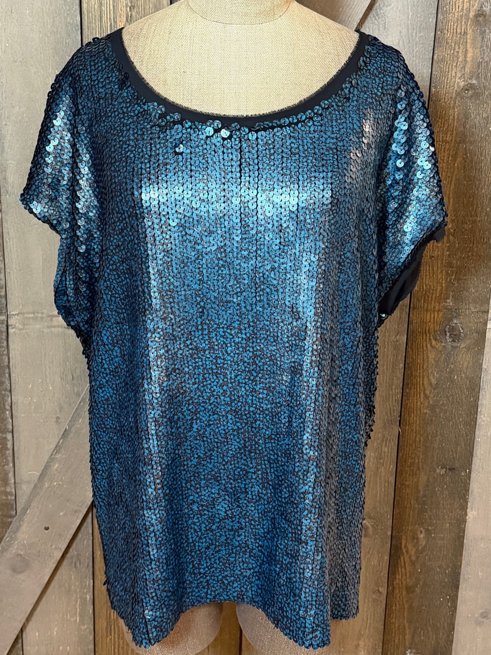 Tory Burch Blue Black Sequin Silk Trim Oversized Tunic Top Medium Holiday Party